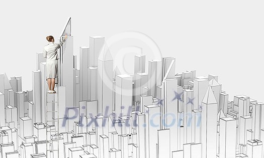 Businesswoman standing on ladder with back and drawing project of city Businesswoman standing on ladder with back and drawing project of city