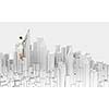 Businesswoman standing on ladder with back and drawing project of city