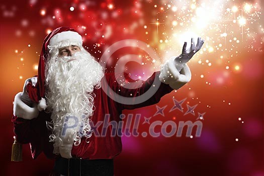 Santa Clause with gift bag behind shoulders