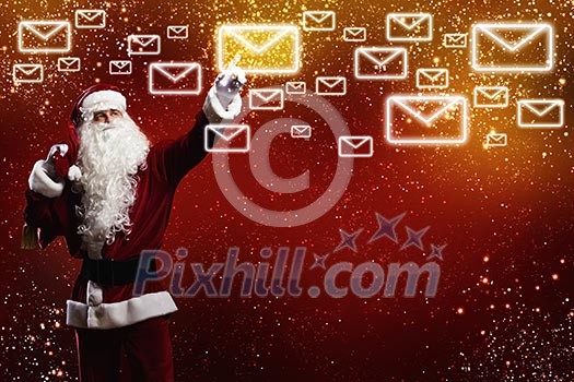 Santa Clause with gift bag behind shoulders Santa Clause with gift bag behind shoulders