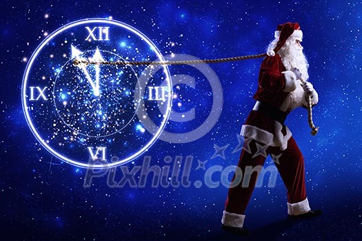 Santa Claus pulling arrow of clock with rope