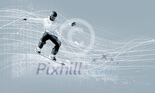 Male snowboarder making jump against media background Male snowboarder making jump against media background