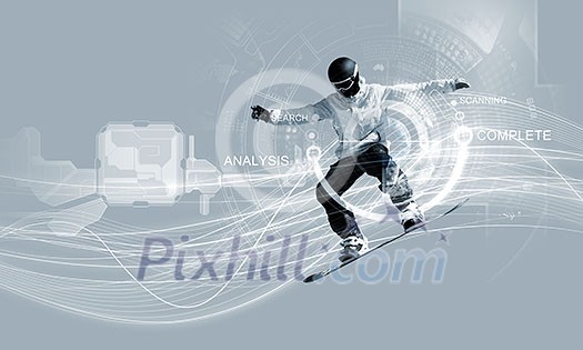 Male snowboarder making jump against media background Male snowboarder making jump against media background