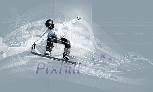 Male snowboarder making jump against media background Male snowboarder making jump against media background