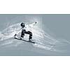 Male snowboarder making jump against media background
