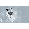 Male snowboarder making jump against media background