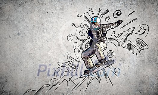 Close up of hand drawing sketches of snowboarder Close up of hand drawing sketches of snowboarder