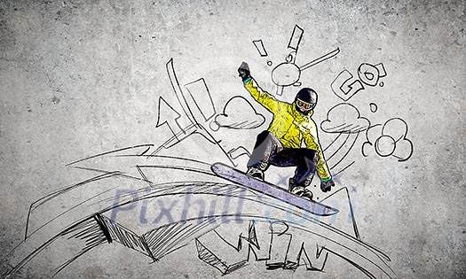 Close up of hand drawing sketches of snowboarder Close up of hand drawing sketches of snowboarder