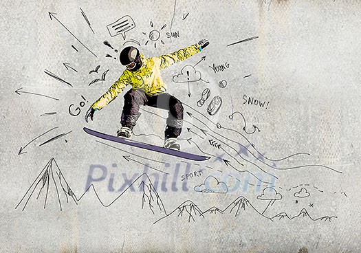 Close up of hand drawing sketches of snowboarder Close up of hand drawing sketches of snowboarder