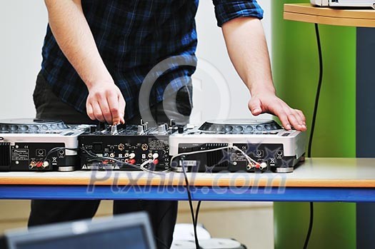 dj equipment gramophone and mixete with dj hand on party event dj equipment gramophone and mixete with dj hand on party event