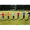 happy child kids group have fun and play at kindergarden outdoor preschool education concept with  teacher
