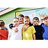 happy child kids group have fun and play at kindergarden outdoor preschool education concept with  teacher