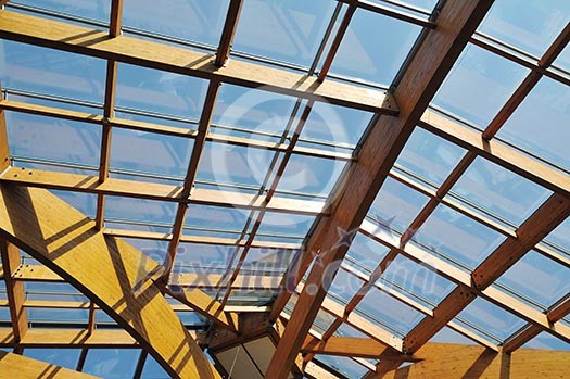 modern home roof wood roof construction with many windows blue sky and green palm leafs modern home roof wood roof construction with many windows blue sky and green palm leafs
