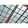modern home roof wood roof construction with many windows blue sky and green palm leafs
