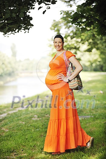 beautiful young happy pregnant woman outdoor in bright nature in orange dress beautiful young happy pregnant woman outdoor in bright nature in orange dress
