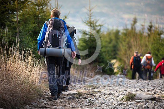 People hiking - goiing down a lovely alpine path People hiking - goiing down a lovely alpine path