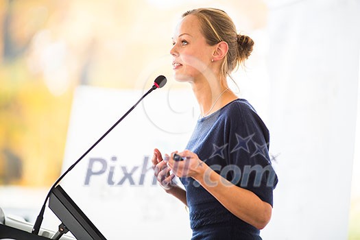 Pretty, young business woman giving a presentation in a conference/meeting setting (shallow DOF; color toned image) Pretty, young business woman giving a presentation in a conference/meeting setting (shallow DOF; color toned image)