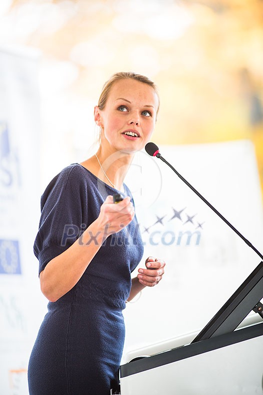 Pretty, young business woman giving a presentation in a conference/meeting setting (shallow DOF; color toned image) Pretty, young business woman giving a presentation in a conference/meeting setting (shallow DOF; color toned image)