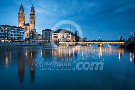 Zurich, Switzerland - nightview with Grossmunster church Zurich, Switzerland - nightview with Grossmunster church