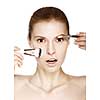Makeup. Cosmetic. Base for perfect make-up. Beautiful woman applying make-up.