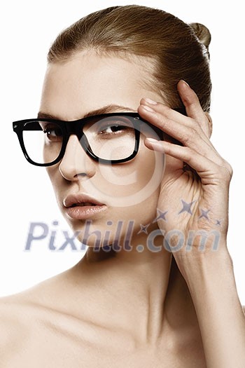 Portrait of beautiful caucasian woman in glasses. Isolated on white background. Studio shot. Beauty girl in eyewear. Portrait of beautiful caucasian woman in glasses. Isolated on white background. Studio shot. Beauty girl in eyewear.