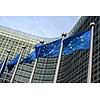European Union flags in front of the Berlaymont building (European commission) in Brussels, Belgium.
