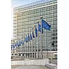 European Union flags in front of the Berlaymont building (European commission) in Brussels, Belgium.