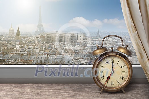 View of Paris and Eiffel tower from window with alarm clock View of Paris and Eiffel tower from window with alarm clock