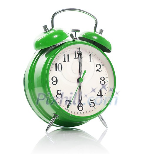 green old style alarm clock isolated on white green old style alarm clock isolated on white