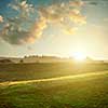 landscape on sunset - green field under sky and clouds