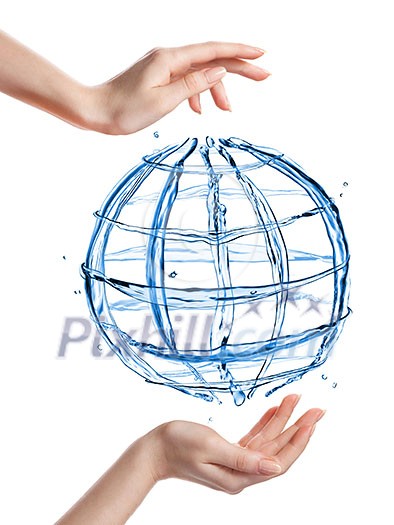 Globe from water with human hand isolated on white Globe from water with human hand isolated on white