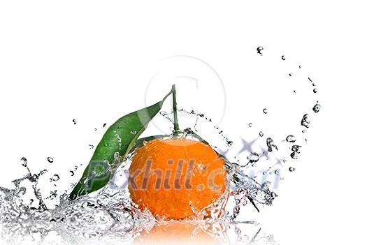 Tangerine with green leaves and water splash isolated on white Tangerine with green leaves and water splash isolated on white