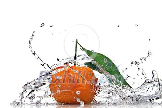 Tangerine with green leaves and water splash isolated on white Tangerine with green leaves and water splash isolated on white