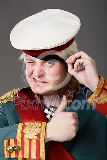 Actor dressed as Russian Generalissimo Suvorov, showing OK sign Actor dressed as Russian Generalissimo Suvorov, showing OK sign