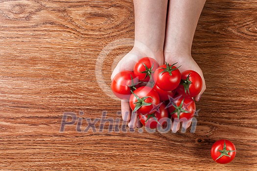 red tomatoes in hands on wooden background red tomatoes in hands on wooden background