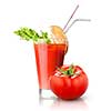 red tomato and glass of juice isolated on white