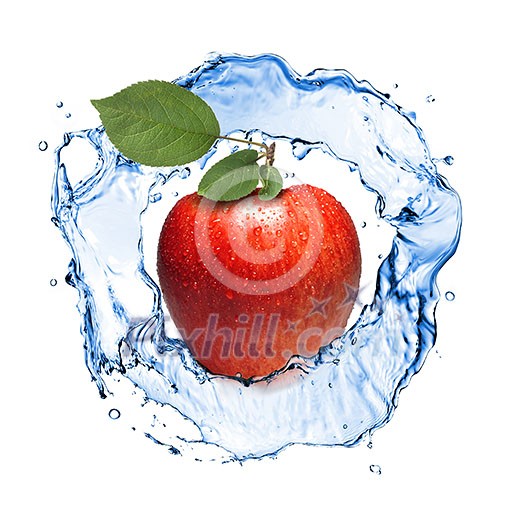 red apple with leaves and water splash isolated on white red apple with leaves and water splash isolated on white
