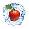 red apple with leaves and water splash isolated on white