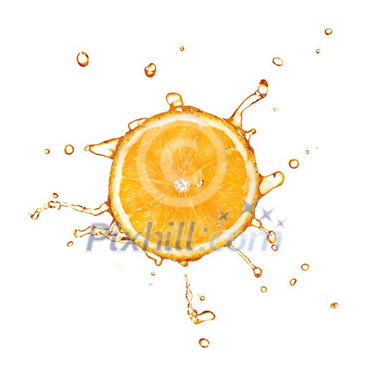 Slice of orange with juice splash isolated on white Slice of orange with juice splash isolated on white