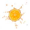 Slice of orange with juice splash isolated on white