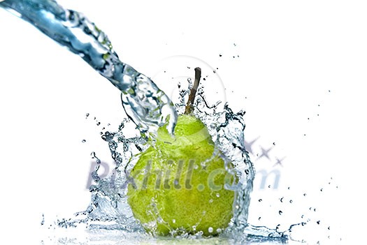 fresh water splash on green pear isolated on white fresh water splash on green pear isolated on white