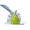 fresh water splash on green pear isolated on white