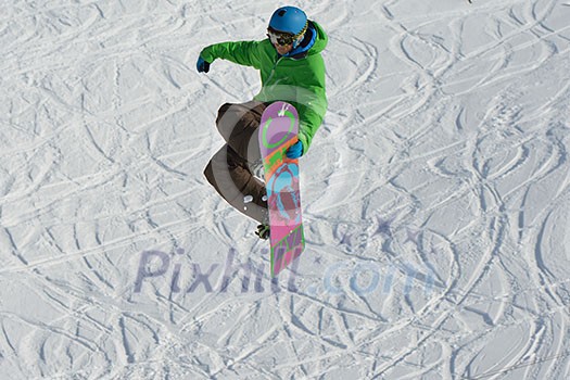 jumping skier at mountain winter snow fresh suny day jumping skier at mountain winter snow fresh suny day