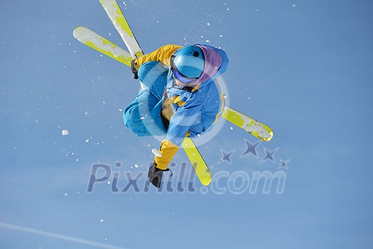 jumping skier at mountain winter snow fresh suny day jumping skier at mountain winter snow fresh suny day