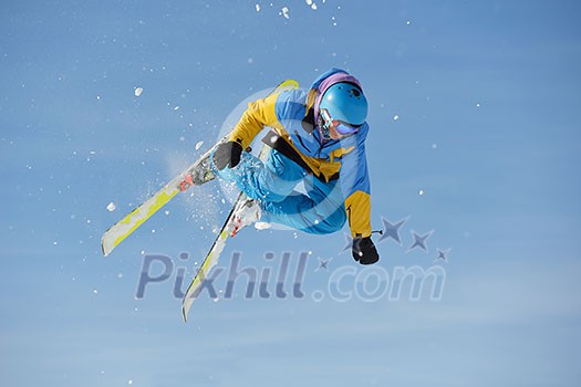 jumping skier at mountain winter snow fresh suny day jumping skier at mountain winter snow fresh suny day