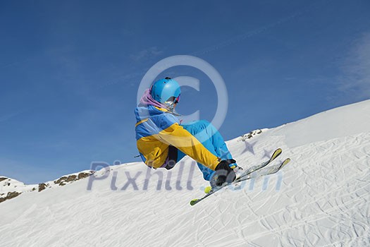 jumping skier at mountain winter snow fresh suny day jumping skier at mountain winter snow fresh suny day