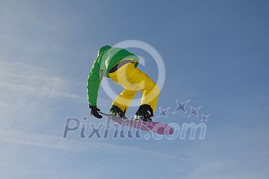 jumping skier at mountain winter snow fresh suny day jumping skier at mountain winter snow fresh suny day