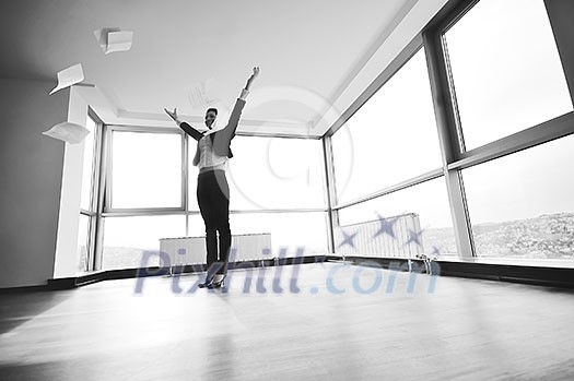 young business woman throw papers and documents from joy in air representing concept of freedom joy and stress control young business woman throw papers and documents from joy in air representing concept of freedom joy and stress control