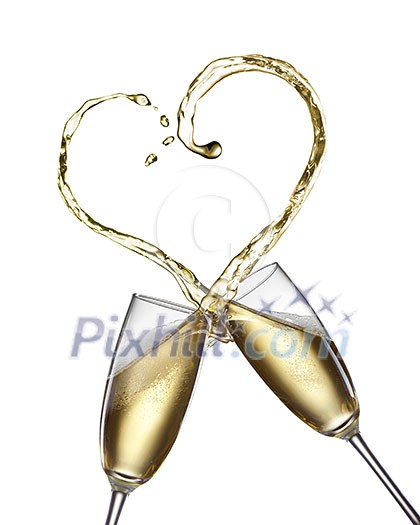 Champagne splash in shape of heart isolated on white Champagne splash in shape of heart isolated on white
