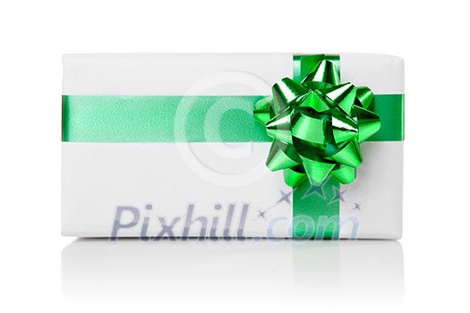 Holiday gift with green ribbon isolated on white Holiday gift with green ribbon isolated on white